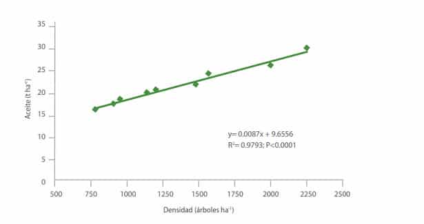 linear regression of accumulated oil per hectare over olive tree density 